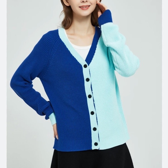 Mia Mod Sweaters - Mia Mod Spring Knit Color Block Cardigan Sweater Aqua Cobalt Women's Medium